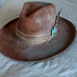 Brown Suede Hat with Feather and Turquoise Accents
